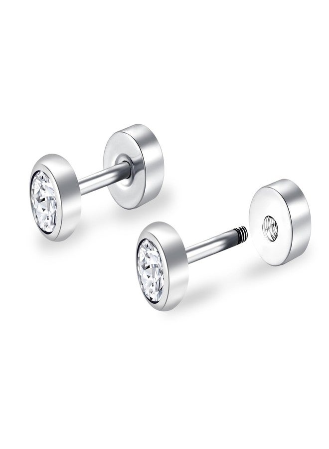 ZDE Titanium Women Flatback Earrings for Women Crystal Gold Stud Earrings Flat Back Earrings Hypoallergenic Cartilage Earring Helix Tragus Conch Piercing 3mm-5mm (Crystal-Silver, 5MM) - Image 1